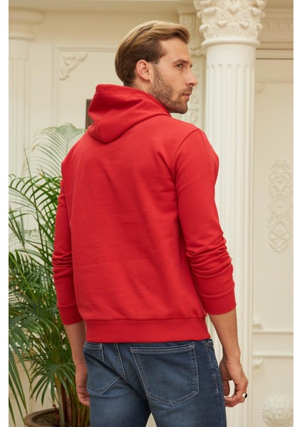 Erkek Kapüşonlu Comfort Fit Düz Sweatshirt Kırmızı fırsatları