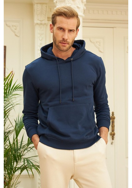 Erkek Kapüşonlu Comfort Fit Düz Sweatshirt Lacivert