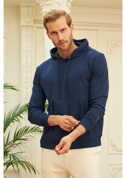 Erkek Kapüşonlu Comfort Fit Düz Sweatshirt Lacivert