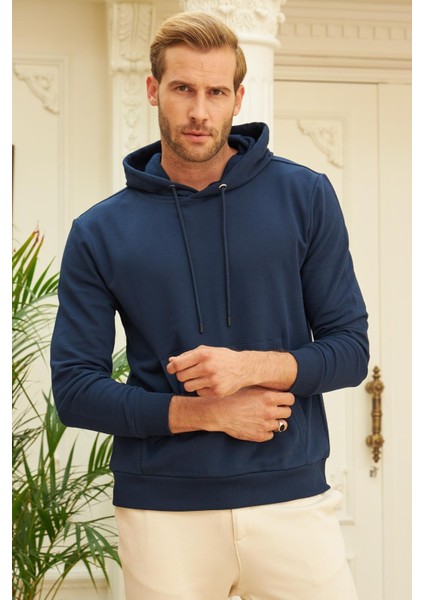 Erkek Kapüşonlu Comfort Fit Düz Sweatshirt Lacivert