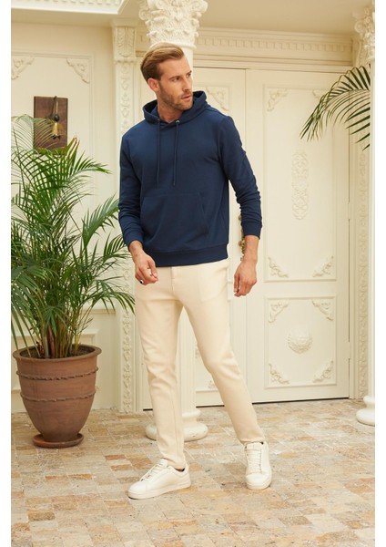 Erkek Kapüşonlu Comfort Fit Düz Sweatshirt Lacivert