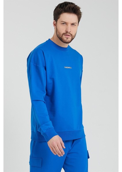 Erkek Bisiklet Yaka Oversize Sweatshirt Saks