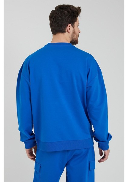 Erkek Bisiklet Yaka Oversize Sweatshirt Saks