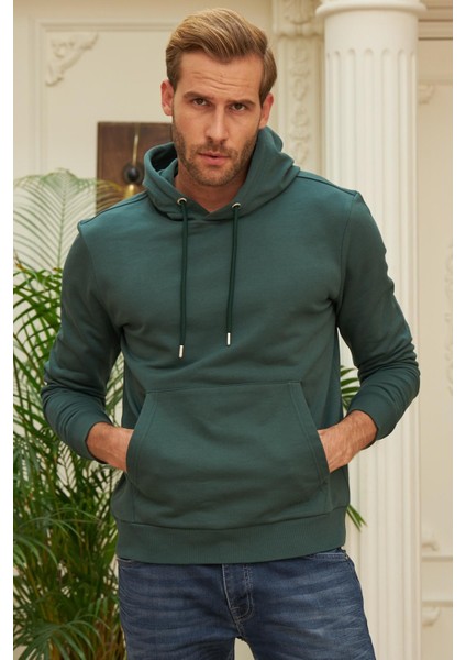 Erkek Kapüşonlu Comfort Fit Düz Sweatshirt Yeşil