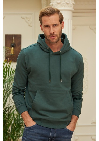 Erkek Kapüşonlu Comfort Fit Düz Sweatshirt Yeşil