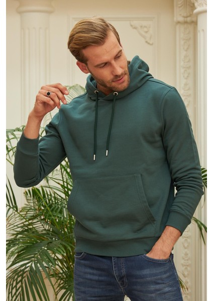 Erkek Kapüşonlu Comfort Fit Düz Sweatshirt Yeşil