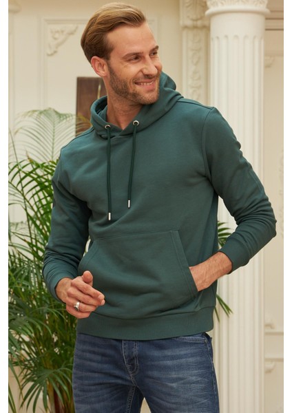 Erkek Kapüşonlu Comfort Fit Düz Sweatshirt Yeşil