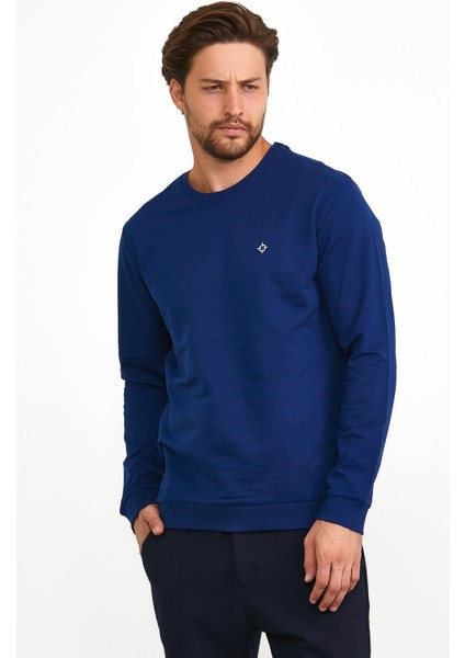 Erkek Basic Günlük Bisiklet Yaka Sweatshirt Mavi