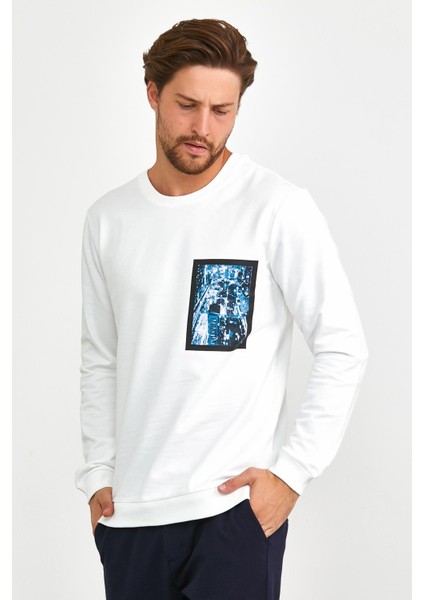 Erkek Önü Baskılı Bisiklet Yaka Spor Sweatshirt Beyaz fiyatları