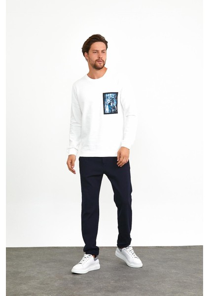Erkek Önü Baskılı Bisiklet Yaka Spor Sweatshirt Beyaz indirimleri