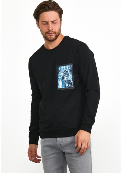 Erkek Önü Baskılı Bisiklet Yaka Spor Sweatshirt Siyah
