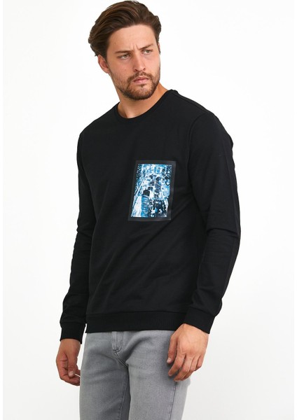 Erkek Önü Baskılı Bisiklet Yaka Spor Sweatshirt Siyah fiyatları