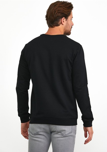 Erkek Önü Baskılı Bisiklet Yaka Spor Sweatshirt Siyah modelleri