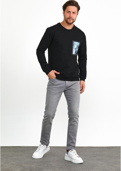 Erkek Önü Baskılı Bisiklet Yaka Spor Sweatshirt Siyah fırsatları
