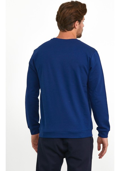 Erkek Önü Baskılı Bisiklet Yaka Spor Sweatshirt Mavi modelleri