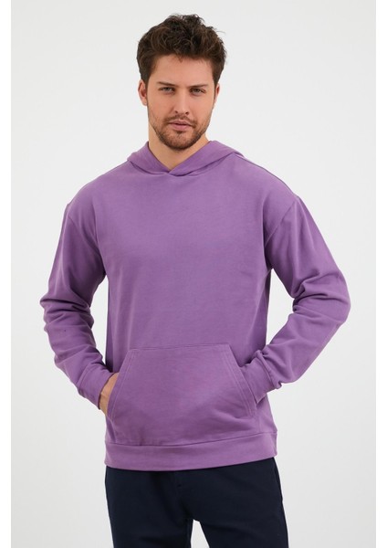 Erkek Kanguru Cepli Rahat Kalıp Kapüşonlu Spor Sweatshirt Mor