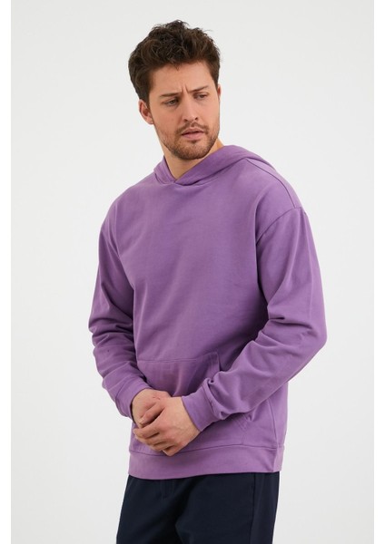 Erkek Kanguru Cepli Rahat Kalıp Kapüşonlu Spor Sweatshirt Mor fiyatları
