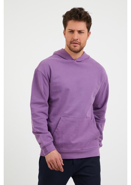 Erkek Kanguru Cepli Rahat Kalıp Kapüşonlu Spor Sweatshirt Mor modelleri