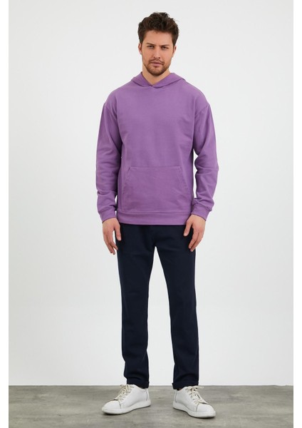 Erkek Kanguru Cepli Rahat Kalıp Kapüşonlu Spor Sweatshirt Mor indirimleri