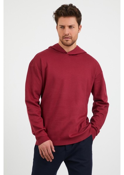 Erkek Comfort Fit Kapüşonlu Düz Sweatshirt Bordo