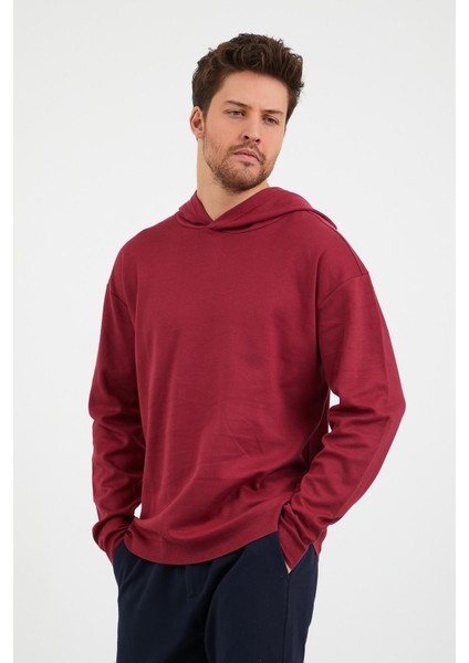 Erkek Comfort Fit Kapüşonlu Düz Sweatshirt Bordo