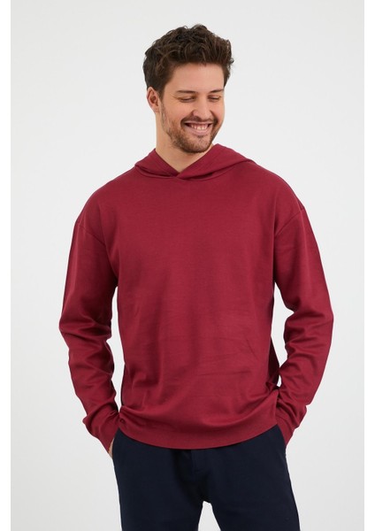 Erkek Comfort Fit Kapüşonlu Düz Sweatshirt Bordo