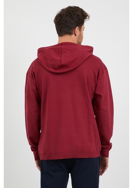 Erkek Comfort Fit Kapüşonlu Düz Sweatshirt Bordo