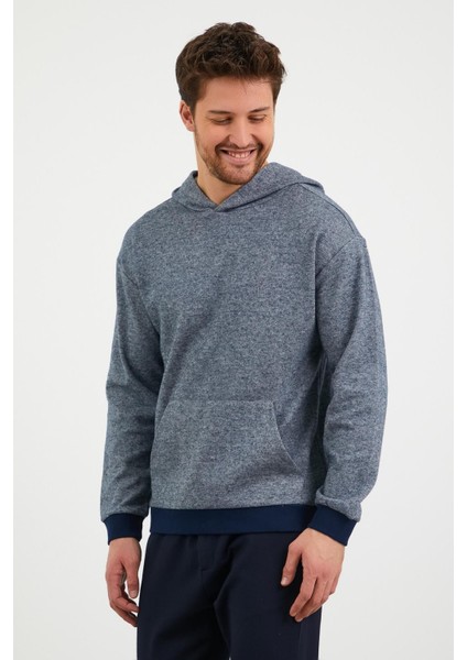 Erkek Kapüşonlu Kanguru Cepli Günlük Sweatshirt Mavi