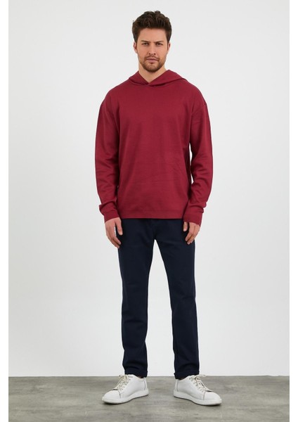 Erkek Comfort Fit Kapüşonlu Düz Sweatshirt Bordo