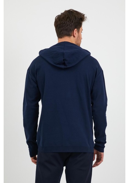 Erkek Comfort Fit Kapüşonlu Düz Sweatshirt Lacivert