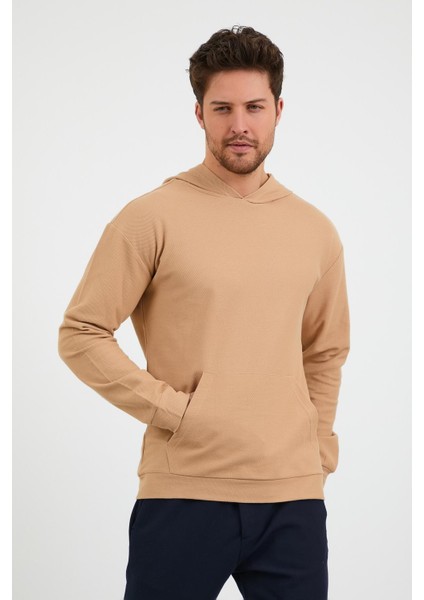 Erkek Düz Kanguru Cepli Baharlık Kapşonlu Sweatshirt Bej fiyatları