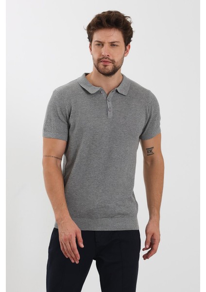 Erkek Polo Yaka Jakarlı Triko T-Shirt Gri fiyatları