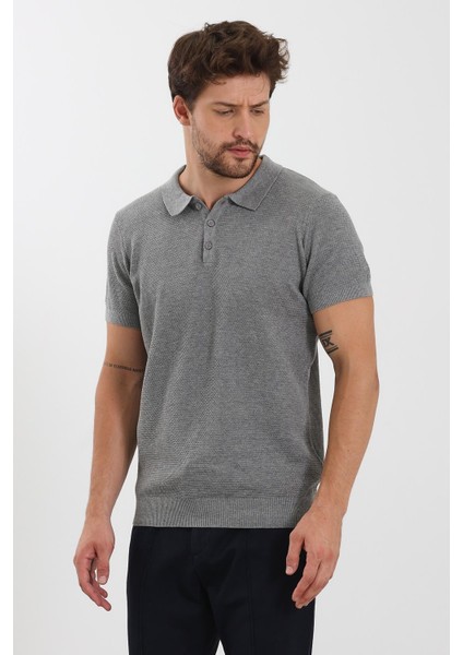 Erkek Polo Yaka Jakarlı Triko T-Shirt Gri modelleri