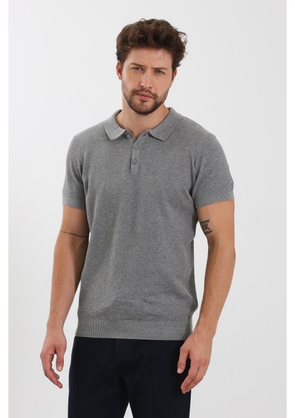 Erkek Polo Yaka Jakarlı Triko T-Shirt Gri