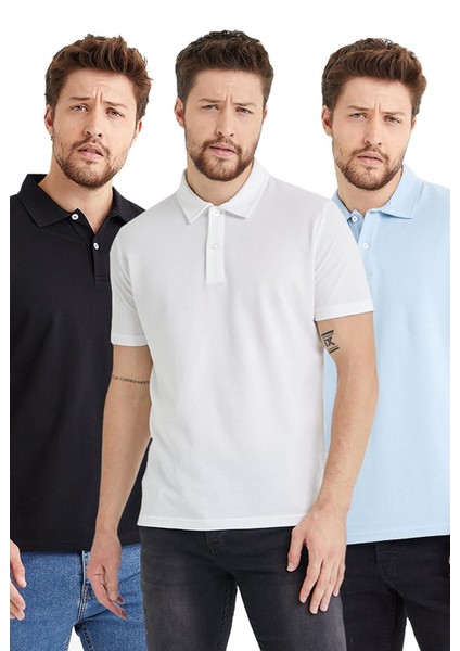 Erkek Basic 3-Lü Polo Yaka Tişört + Cep Parfümü Armağan Siyah-Beyaz