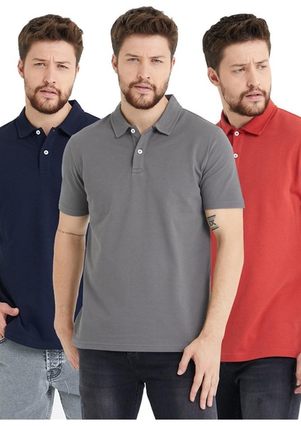 Erkek Basic 3-Lü Polo Yaka Tişört + Cep Parfümü Armağan Koyu Lacivert