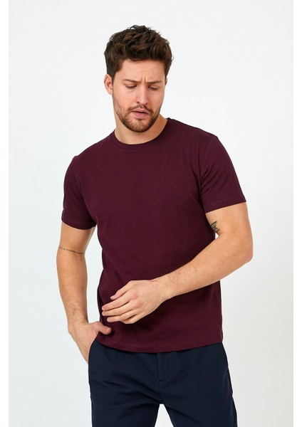 Erkek Bisiklet Yaka Slim Fit Basic Tişört Bordo