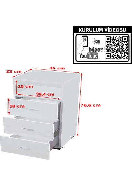 45CM Beyaz Şifonyer ARD119