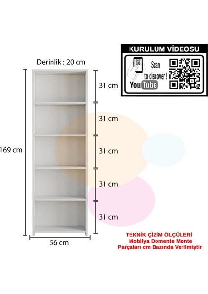 Modilayn 5 Raflı Beyaz Kitaplık ARD204