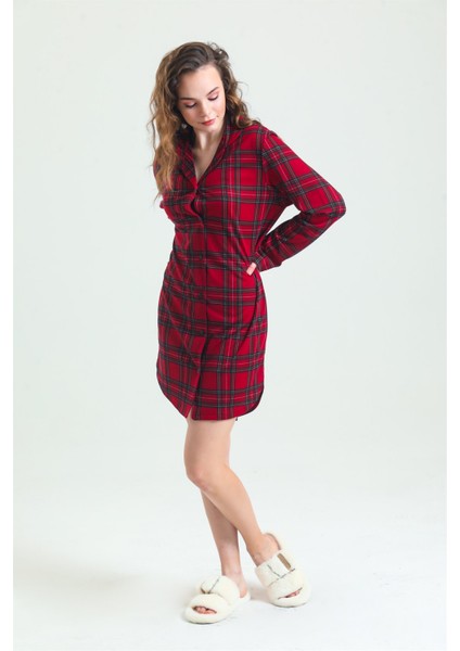 87764 Kadın Önden Düğmeli Gecelik-Bordo fiyatları