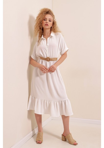 2292 Kemerli Elbise - Beyaz