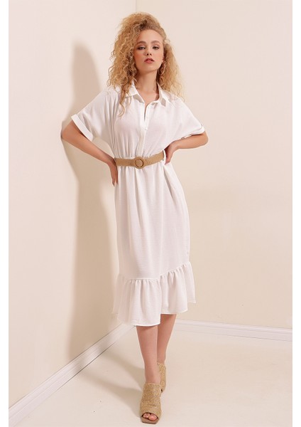 2292 Kemerli Elbise - Beyaz fiyatları