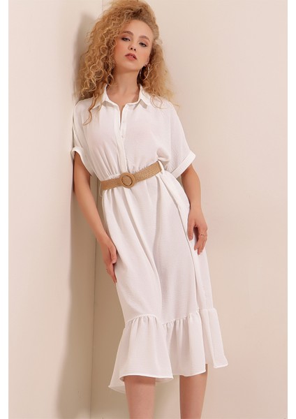 2292 Kemerli Elbise - Beyaz fırsatları