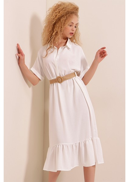 2292 Kemerli Elbise - Beyaz indirimleri