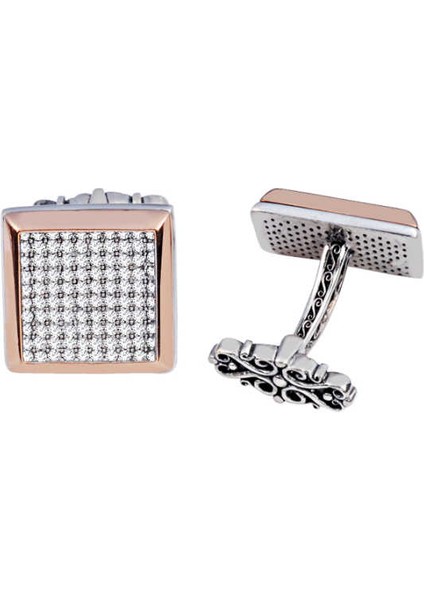 Gümüş Beyaz Zirkon Taşlı Kare Kol Düğmesi