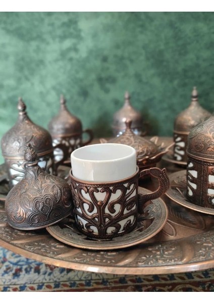 6 Kişilik Gümüş Bakır Osmanlı Desen Tepsi+Lokumluk Fincan Seti Kahve Fincanı