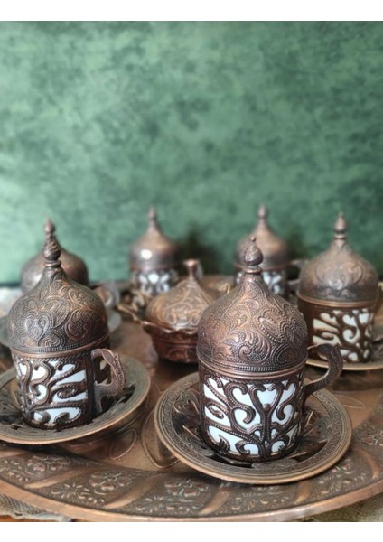 6 Kişilik Gümüş Bakır Osmanlı Desen Tepsi+Lokumluk Fincan Seti Kahve Fincanı