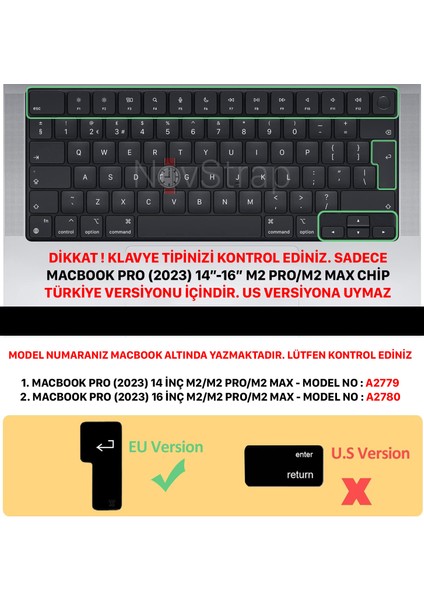 Novstrap Apple Macbook Pro 2023 14 Inç M2 A2779 Uyumlu Türkçe Q Klavye Şeffaf Klavye Koruyucu Kılıf