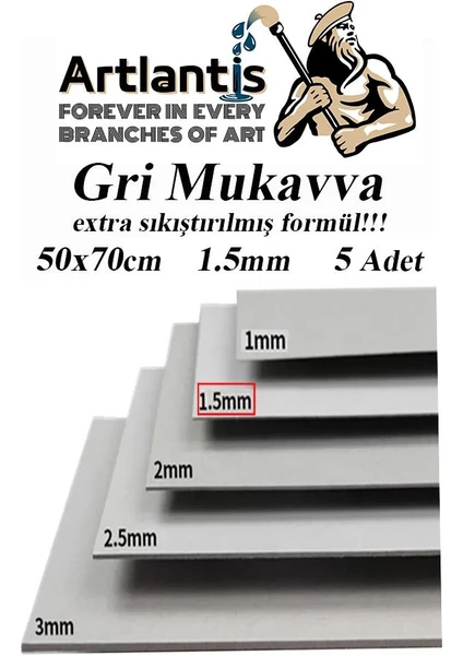 Mukavva Gri 1.5 mm 50X70 cm 5 Adet Sert Karton Ekstra Sıkıştırılmış 50*70 Mukavva Gri Renkli 5 Adet