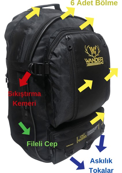 Wander 50 Litre Yeşil Çok Gözlü Yürüyüş-Seyahat-Okul-Dağcı-Trekking-Kampçı Sırt Çantası
